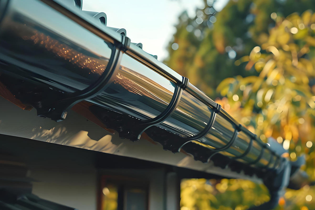 Close-up installation of a glossy black half-round gutter with metal hangers installed along a roofline, reflecting sunlight, with blurred autumn foliage in Long Island.