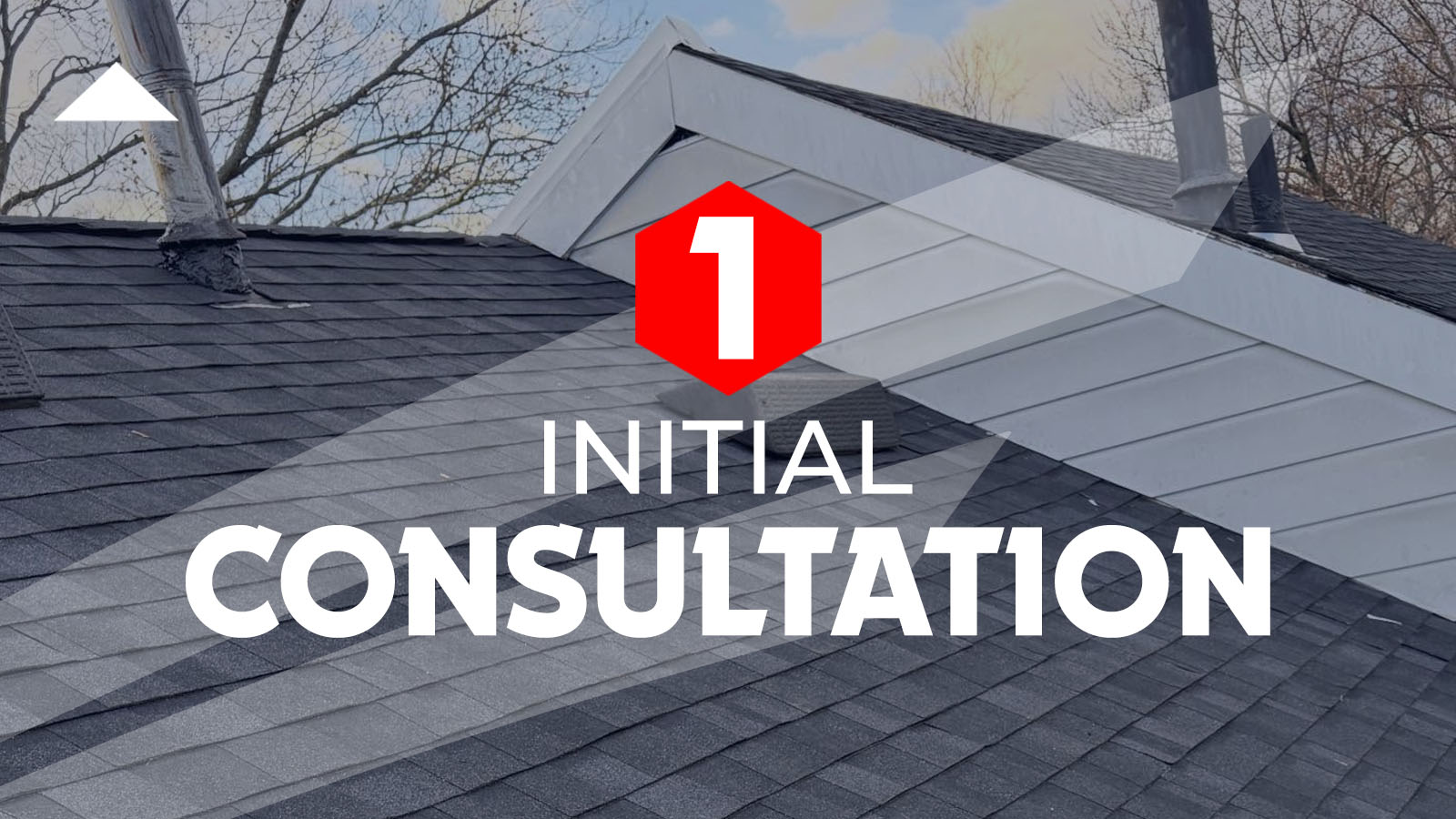 Project for steps, dark shingle roofing of a home is visible alongside white gabled trim. A metal chimney pipe and a vent also protrude from the roof surface.
